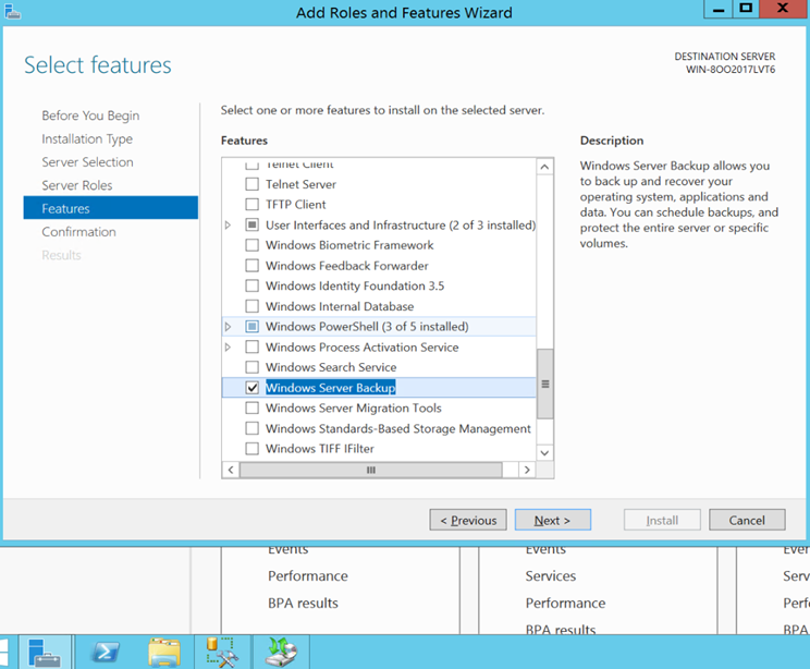 添加 “Windows server backup”功能
